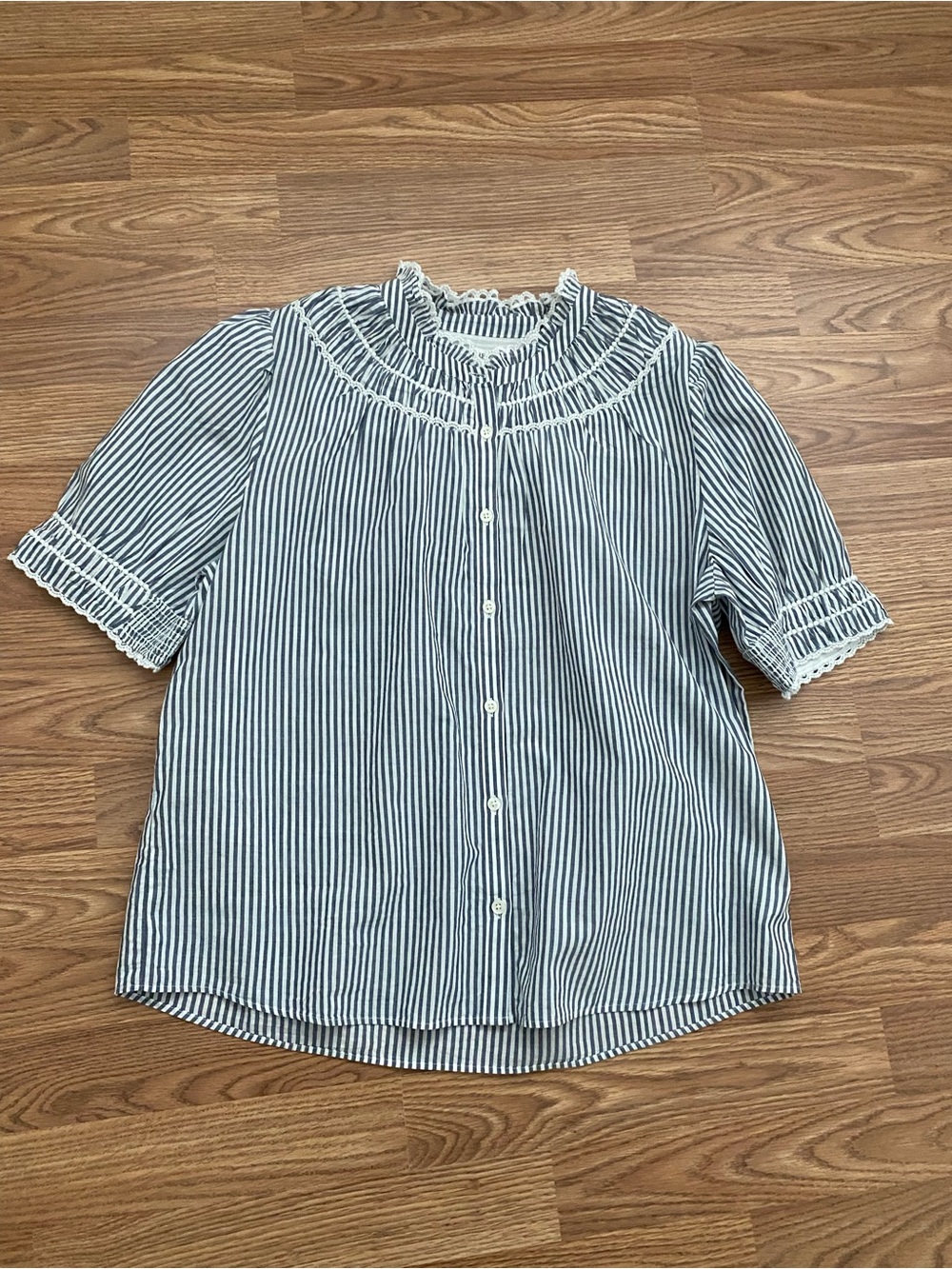 J. Crew Navy and White Striped Button-Front Smocked Yoke Blouse